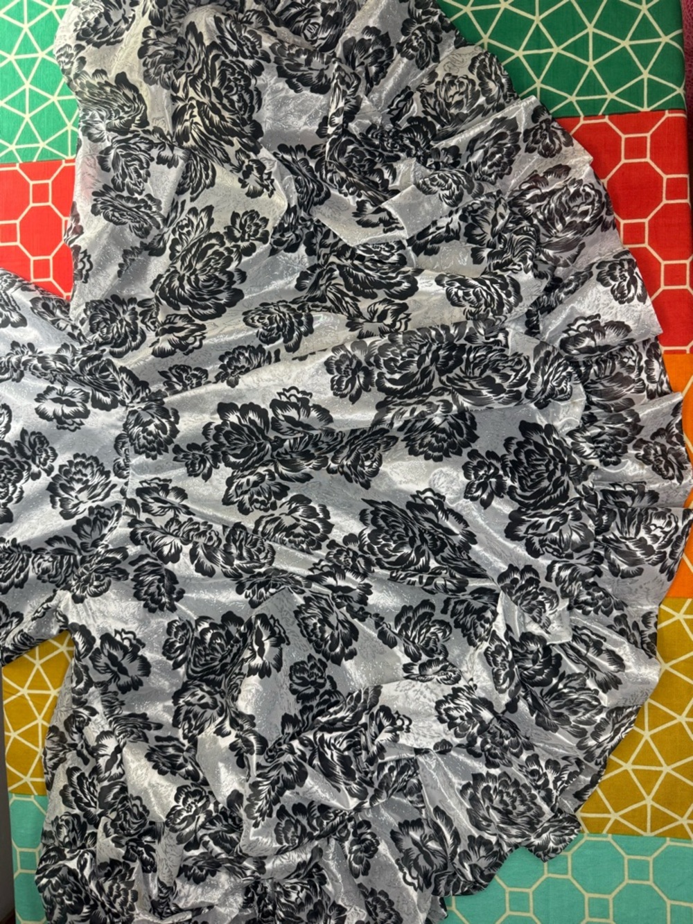 Vintage Square Dance Dress Co Silver Black Floral Brocade Ruffle Sz 14 Fits 10